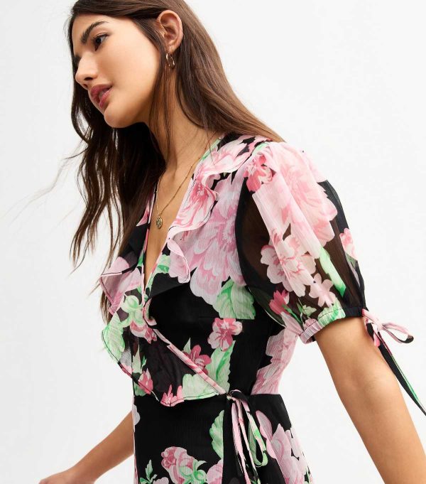 Black Chiffon Floral Print Mini Wrap
