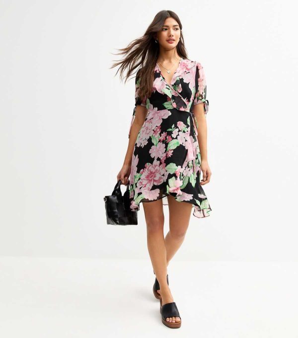 Black Chiffon Floral Print Mini Wrap