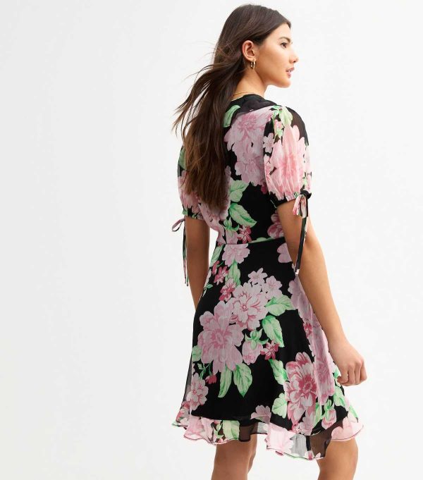 Black Chiffon Floral Print Mini Wrap