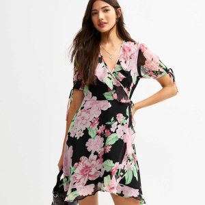 Black Chiffon Floral Print Mini Wrap