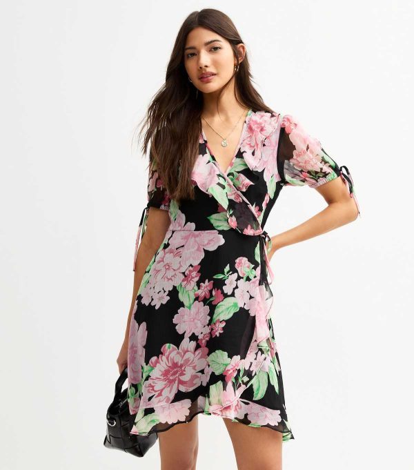 Black Chiffon Floral Print Mini Wrap