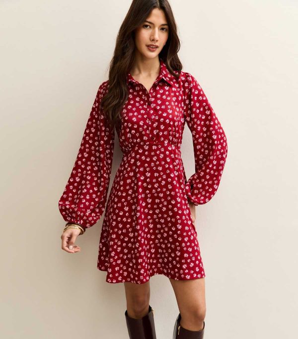 Black Floral Long Sleeve Mini Shirt Dress
