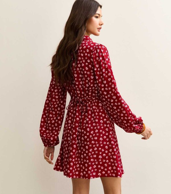 Black Floral Long Sleeve Mini Shirt Dress