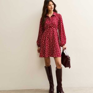 Black Floral Long Sleeve Mini Shirt Dress