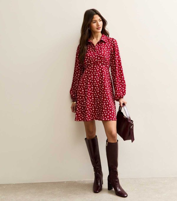 Black Floral Long Sleeve Mini Shirt Dress