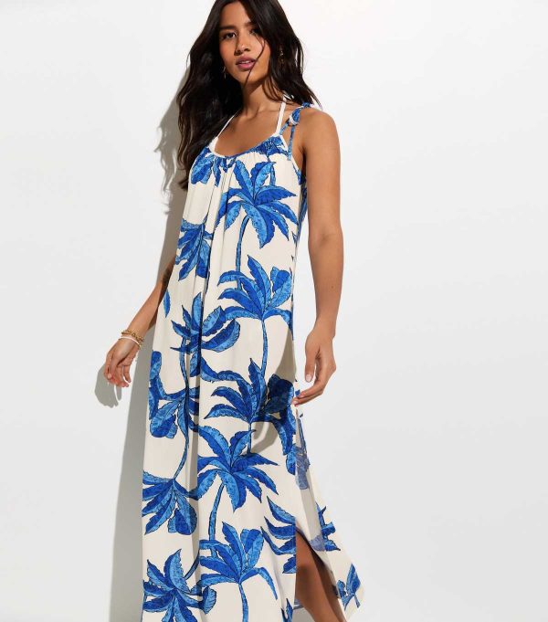 Blue Palm Tree Print Beach Maxi Dress