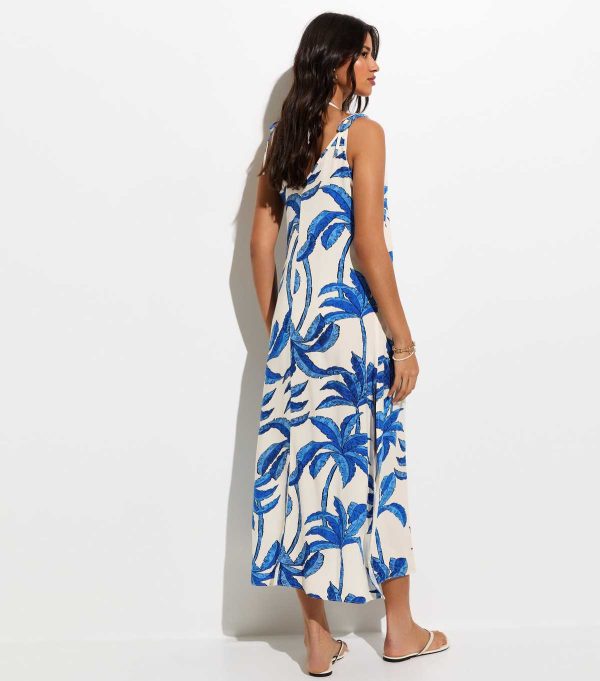 Blue Palm Tree Print Beach Maxi Dress