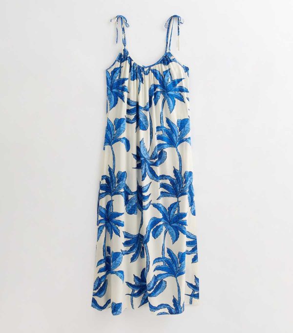 Blue Palm Tree Print Beach Maxi Dress
