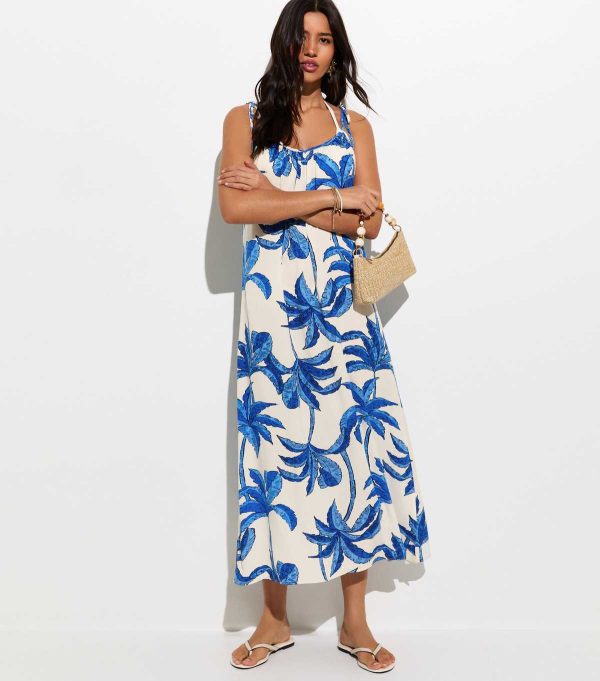 Blue Palm Tree Print Beach Maxi Dress