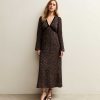 Brown Animal Print Velvet Trim Midi Dress
