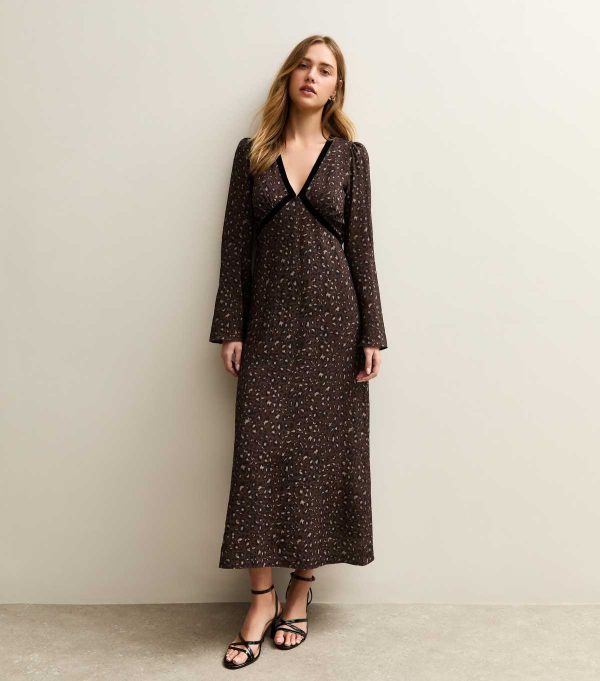 Brown Animal Print Velvet Trim Midi Dress