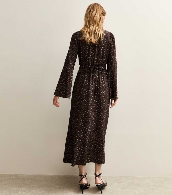 Brown Animal Print Velvet Trim Midi Dress