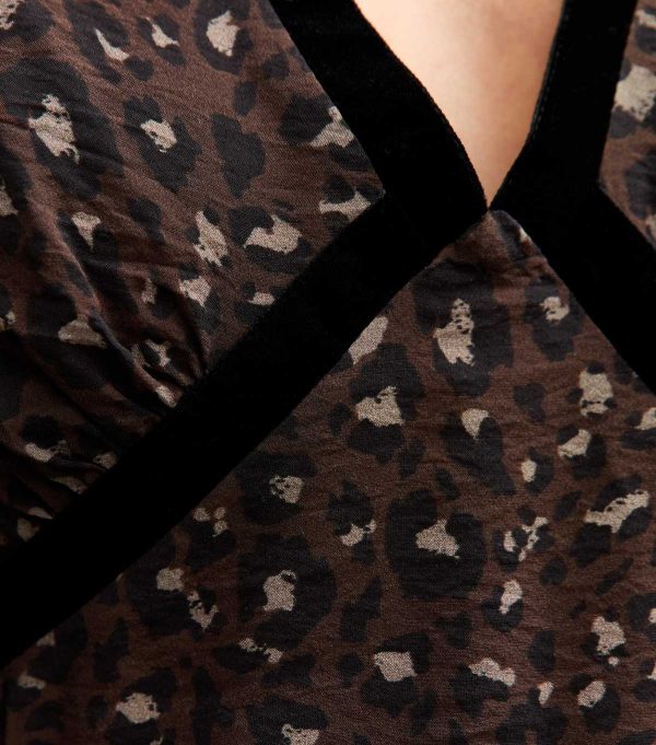 Brown Animal Print Velvet Trim Midi Dress