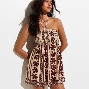 Brown Cactus Print Beach Mini Dress