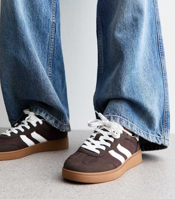 Brown Faux Suede Contrast Panelled Lace Up Trainers