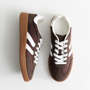 Brown Faux Suede Contrast Panelled Lace Up Trainers
