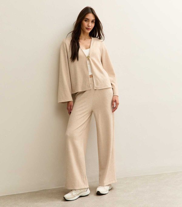 Cream Soft Touch Wide Leg Brushed Trousers