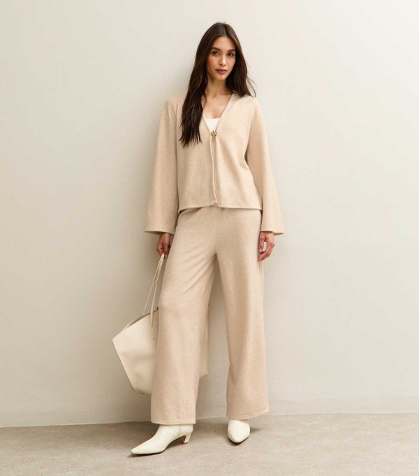 Cream Soft Touch Wide Leg Brushed Trousers