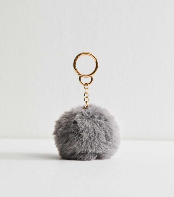 Grey Fluffy Pom Pom Bag Charm