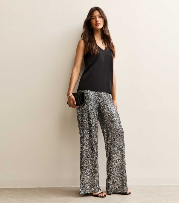 Gunmetal Sequin Soft Touch Wide Leg Trousers