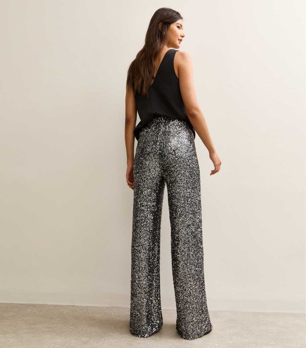 Gunmetal Sequin Soft Touch Wide Leg Trousers