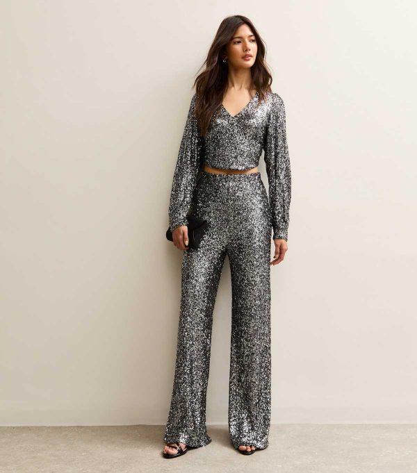 Gunmetal Sequin Soft Touch Wide Leg Trousers
