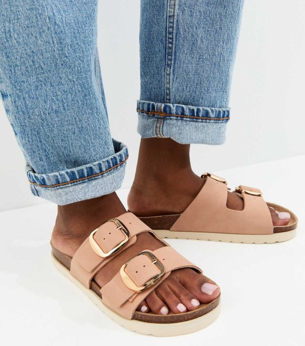 Light Pink Cork Sole Double Strap Mule Sandals