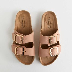 Light Pink Cork Sole Double Strap Mule Sandals