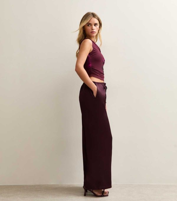 Petite Burgundy Satin Wide Leg Trousers