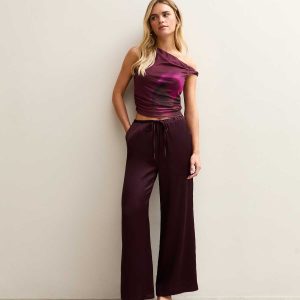 Petite Burgundy Satin Wide Leg Trousers