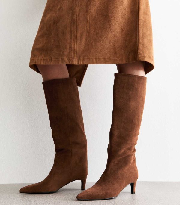 Slim Calf Fit Brown Faux Suede Knee High Boots