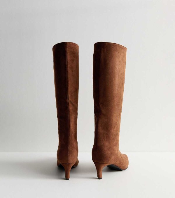 Slim Calf Fit Brown Faux Suede Knee High Boots