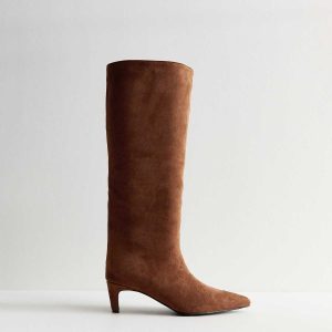 Slim Calf Fit Brown Faux Suede Knee High Boots