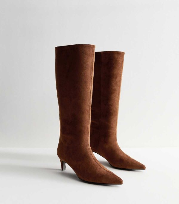 Slim Calf Fit Brown Faux Suede Knee High Boots